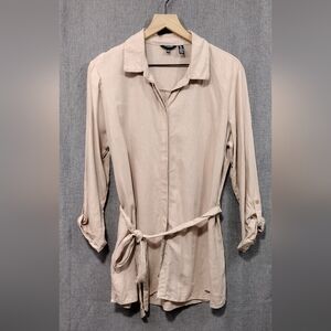 Ellen Tracy Linen Blend Waist Tie Button Shirt Womens L Tan Boho Retro 90s Y2K